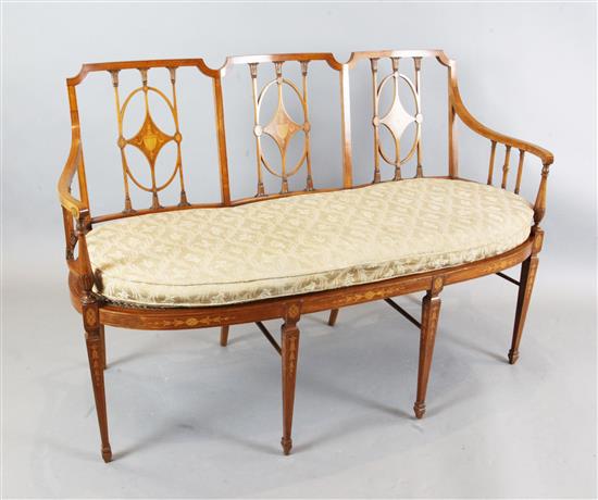 An Edwardian Period Sheraton Revival triple back inlaid satinwood settee, W.4ft 4in. D.2ft H.3ft